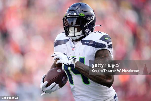 Metcalf of the Seattle Seahawks catches a 50 yard pass to score a touchdown against the San Francisco 49ers during the second quarter in the NFC Wild...