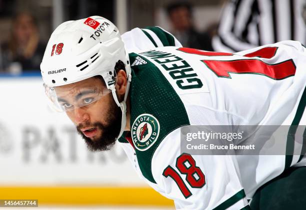 Jordan Greenway of the Minnesota Wild skates against the New York Islanders at the UBS Arena on January 12, 2023 in Elmont, New York.