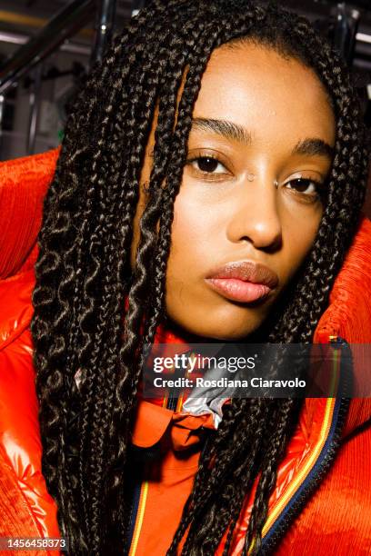 Model is posing backstage at the K-Way fashion show during the Milan Menswear Fall/Winter 2023/2024 on January 14, 2023 in Milan, Italy.