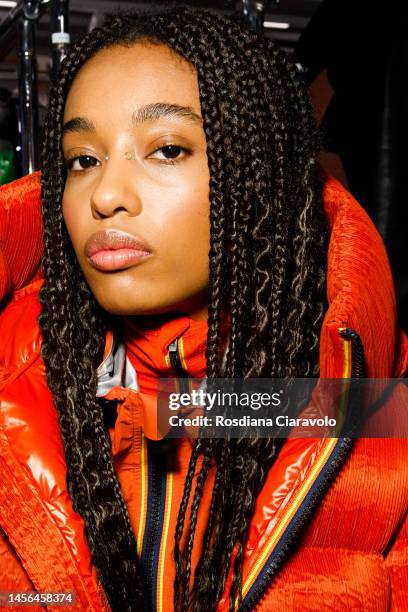 Model is posing backstage at the K-Way fashion show during the Milan Menswear Fall/Winter 2023/2024 on January 14, 2023 in Milan, Italy.