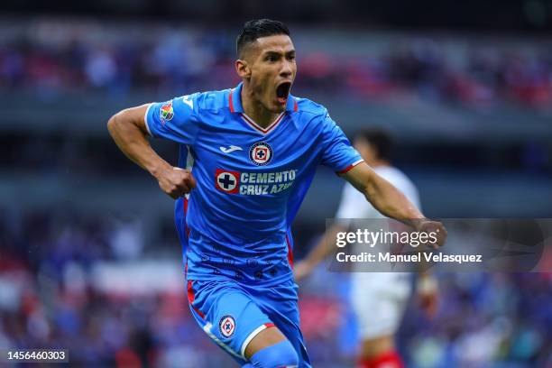 Uriel Antuna of Cruz Azul celebrates after scoring the team's first goal during the 2nd round match between Cruz Azul and Monterrey as part of the...