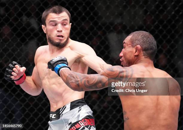 Umar Nurmagomedov of Russia knocks out Raoni Barcelos of Brazil in a bantamweight fight during the UFC Fight Night event at UFC APEX on January 14,...