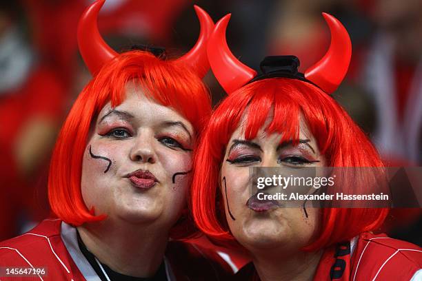 Supporters of Bamberg smile during game 1 of the Beko BBL finals between Brose Baskets and ratiopharm Ulm at Stechert Arena on June 3, 2012 in...