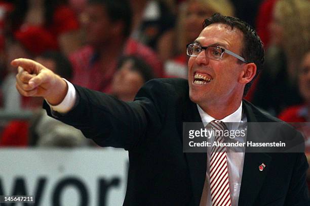 Chris Fleming, head coach of Bamberg reacts during game 1 of the Beko BBL finals between Brose Baskets and ratiopharm Ulm at Stechert Arena on June...
