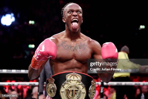 Celebrates after defeating FaZe Temper during the MF Cruiserweight Title fight between KSI and FaZe Temper at OVO Arena Wembley on January 14, 2023...