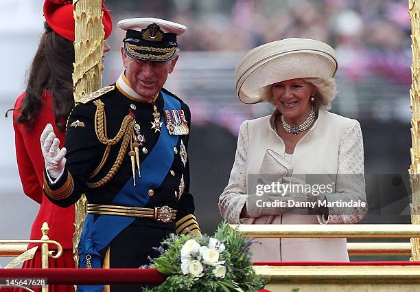 Prince Charles, Prince of Wales, Camilla, Duchess of Cornwall and Catherine, Duchess of Cambridge take part in The Thames River Pageant, as part of...