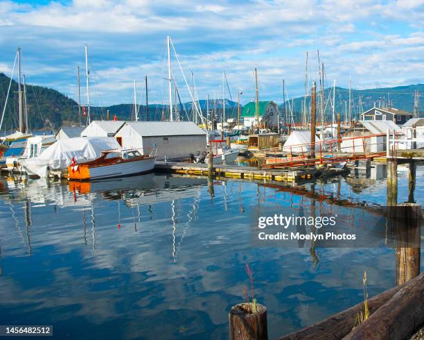 cowichan bay marina reflections - cowichan bay stock pictures, royalty-free photos & images