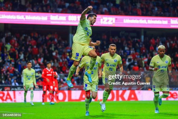 Henry Martin of America celebrates after scoring the team's second goal during the 2nd round match between Toluca and America as part of the Torneo...