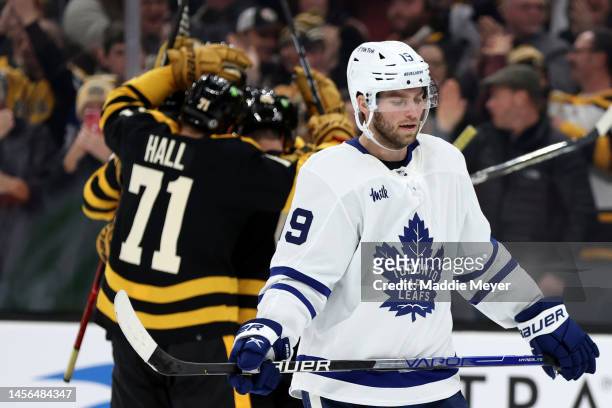 Calle Jarnkrok of the Toronto Maple Leafs reacts after Matt Grzelcyk of the Boston Bruins scored a goal during the third period at TD Garden on...