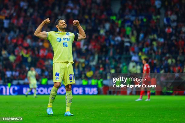 Henry Martin of America celebrates after scoring the team's second goal during the 2nd round match between Toluca and America as part of the Torneo...