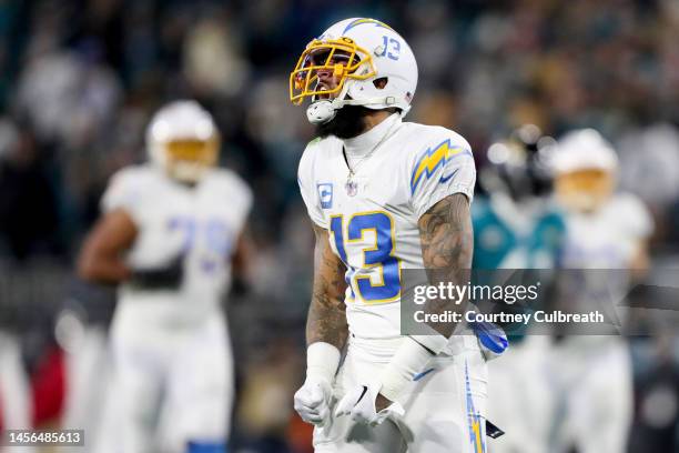 Keenan Allen of the Los Angeles Chargers reacts during the first half of the game against the Jacksonville Jaguars in the AFC Wild Card playoff game...