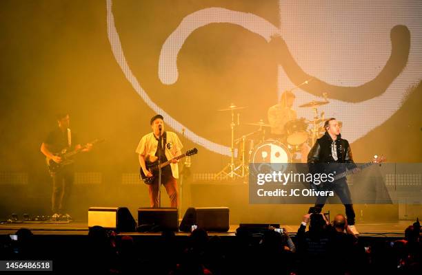 Joe Trohman, Patrick Stump, Andy Hurley, and Pete Wentz of Fall Out Boy perform onstage during the 2023 iHeartRadio ALTer EGO at The Kia Forum on...