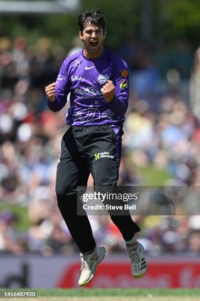 Patrick Dooley of the Hurricanes celebrates the wicket of Daniel Sams of the Thunder during the Men's Big Bash League match between the Hobart...