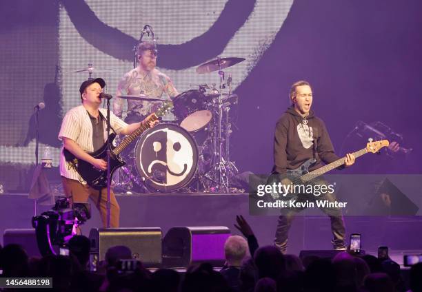 Patrick Stump, Andy Hurley, and Pete Wentz of Fall Out Boy perform onstage at the 2023 iHeartRadio ALTer EGO Presented by Capital One at The Kia...