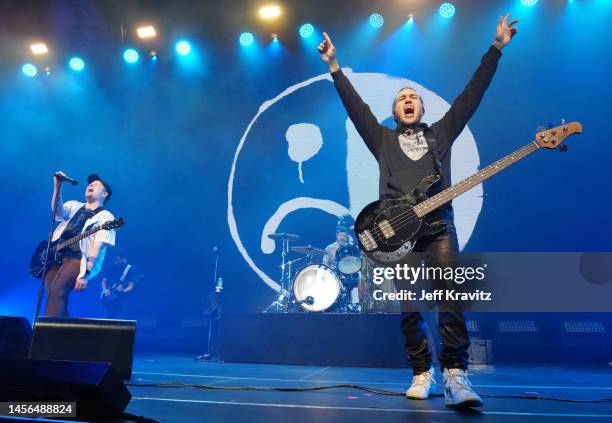 Patrick Stump, Andy Hurley, and Pete Wentz of Fall Out Boy perform onstage at the 2023 iHeartRadio ALTer EGO Presented by Capital One at The Kia...