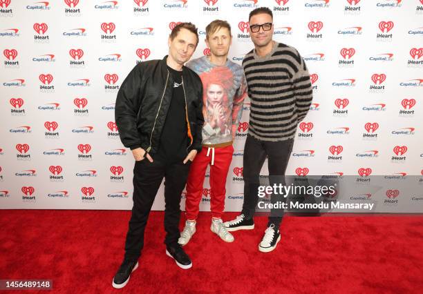 Matthew Bellamy, Dominic Howard and Chris Wolstenholme of Muse attends the 2023 iHeartRadio ALTer EGO at The Kia Forum on January 14, 2023 in...