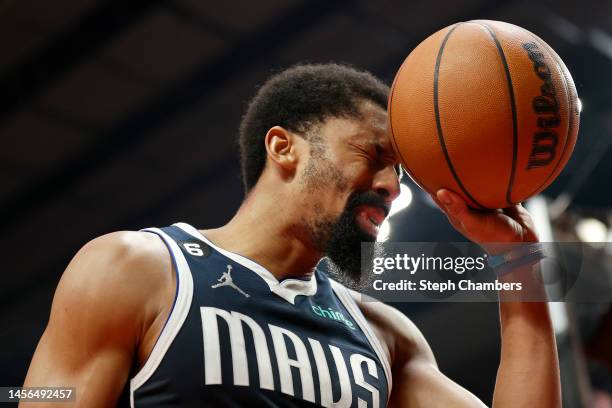 Spencer Dinwiddie of the Dallas Mavericks reacts after a foul during the second quarter of the game against the Portland Trail Blazers at Moda Center...