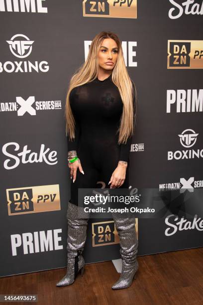 Katie Price arrives at the KSI vs FaZe Temperrr MF Cruiserweight Title Fight at OVO Arena Wembley on January 14, 2023 in London, England.
