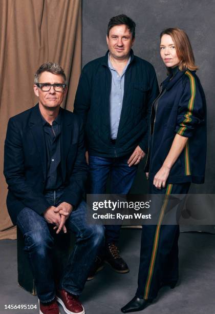 Nick Murphy, Alexander Cary and Anna Maxwell Martin of MGM+'s 'A Spy Among Friends' pose for a portrait during the 2023 Winter Television Critics...
