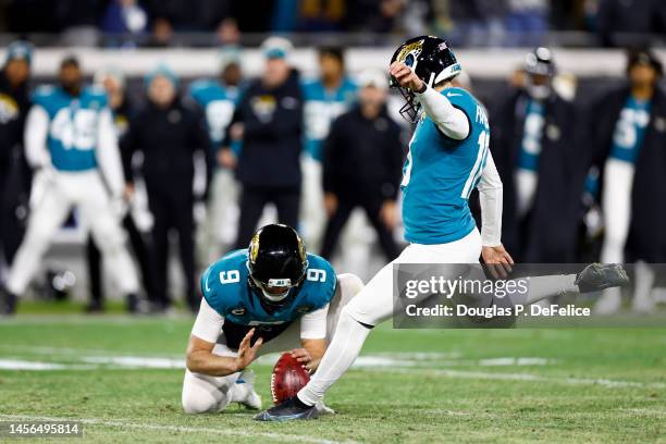 Riley Patterson of the Jacksonville Jaguars kicks a field goal to defeat the Los Angeles Chargers in the AFC Wild Card playoff game at TIAA Bank...