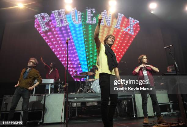 Laurent Brancowitz, Robin Coudert, Thomas Hedlund, Thomas Mars, Deck D'arcy, and Christian Mazzalai of Phoenix perform onstage at the 2023...