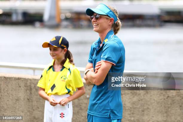 Australian player Meg Lanning with junior cricketers ahead of the Womens international series between Australia and Pakistan at South Bank on January...