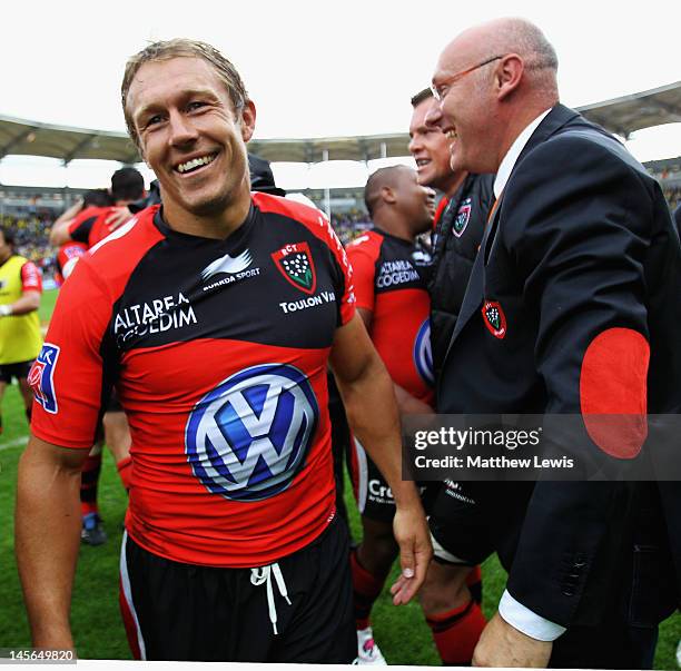 Jonny Wilkinson of Toulon celebrates his teams win with Bernard Laporte, Director of Rugby at Toulon during the French Top 14 Semi Final match...