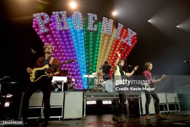 Laurent Brancowitz, Thomas Mars, and Deck D’Arcy of Phoenix perform onstage at the 2023 iHeartRadio ALTer EGO Presented by Capital One at The Kia...