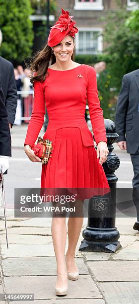 Catherine, Duchess of Cambridge prepares to board the royal barge 'Spirit of Chartwell' during the Thames Diamond Jubilee Pageant on June 3, 2012 in...