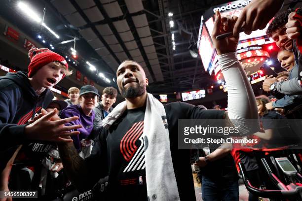 Damian Lillard of the Portland Trail Blazers leaves the court after beating the Dallas Mavericks at Moda Center on January 14, 2023 in Portland,...