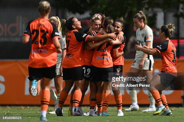 India-Paige Riley of the Roar celebrates with team mates after scoring a goal during the round 10 A-League Women's match between Brisbane Roar and...