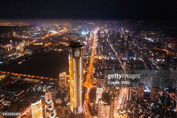 Aerial view of buildings surrounded by advection fog on January 14, 2023 in Xiamen, Fujian Province of China.