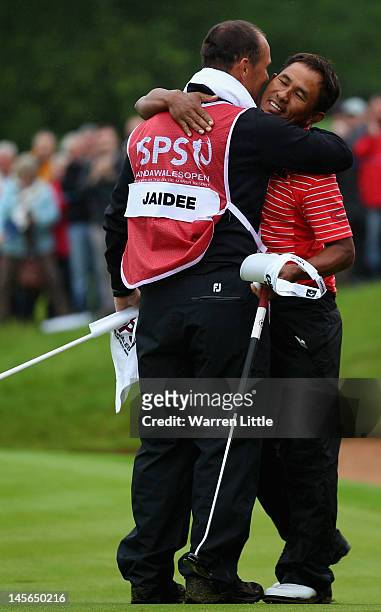 Thongchai Jaidee of Thailand celebrates winning the ISPS Handa Wales Open on the Twenty Ten course at the Celtic Manor Resort on June 3, 2012 in...
