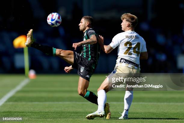 Dylan Pierias of Western United controls the ball during the round 12 A-League Men's match between Western United and Newcastle Jets at Mars Stadium,...