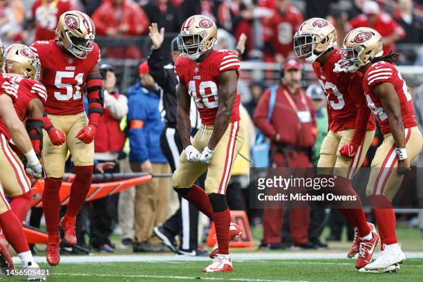 Oren Burks of the San Francisco 49ers celebrates during an NFL football game between the San Francisco 49ers and the Seattle Seahawks at Levi's...