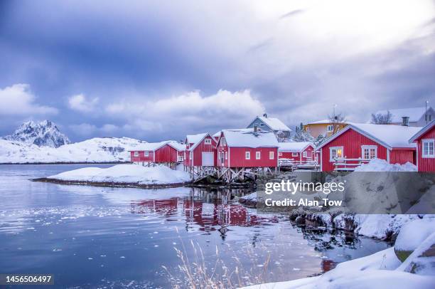 snowing fishing town of svolvaer in the lofoten in norway - svolvaer stock pictures, royalty-free photos & images