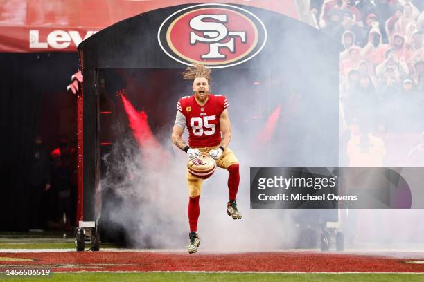 George Kittle of the San Francisco 49ers reacts as he takes the field prior to an NFL football game between the San Francisco 49ers and the Seattle...