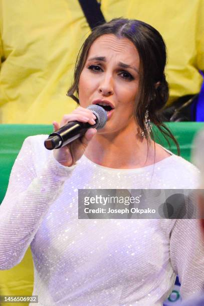 Singer sings the USA national anthem at the KSI vs FaZe Temperrr MF Cruiserweight Title Fight at OVO Arena Wembley on January 14, 2023 in London,...