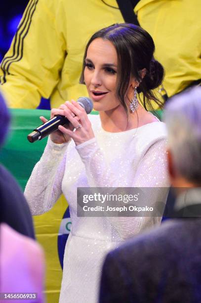 Singer sings the USA national anthem at the KSI vs FaZe Temperrr MF Cruiserweight Title Fight at OVO Arena Wembley on January 14, 2023 in London,...