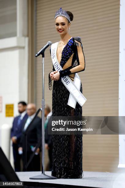 Crowned Miss Universe R'bonney Gabriel speaks during The 71st Miss Universe Competition at New Orleans Morial Convention Center on January 14, 2023...