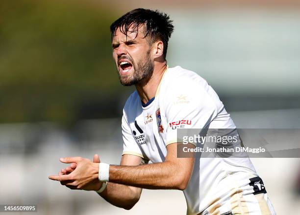 Carl Jenkinson of the Jets cheers on his team during the round 12 A-League Men's match between Western United and Newcastle Jets at Mars Stadium, on...