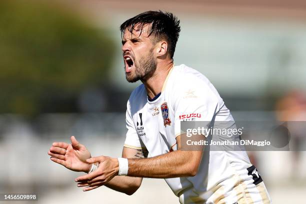 Carl Jenkinson of the Jets cheers on his team during the round 12 A-League Men's match between Western United and Newcastle Jets at Mars Stadium, on...