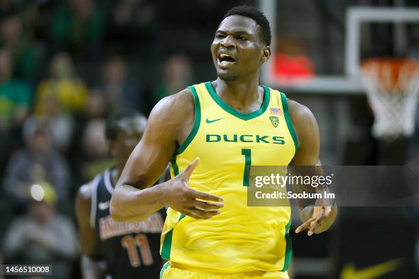 Faly Dante of the Oregon Ducks gestures after a play during the second half against the Arizona Wildcats at Matthew Knight Arena on January 14, 2023...