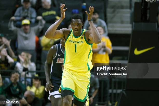 Faly Dante of the Oregon Ducks gestures after a play during the second half against the Arizona Wildcats at Matthew Knight Arena on January 14, 2023...