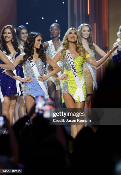 Miss USA R'Bonney Gabriel and Miss Colombia Maria Fernanda Aristizabal attend The 71st Miss Universe Competition at New Orleans Morial Convention...