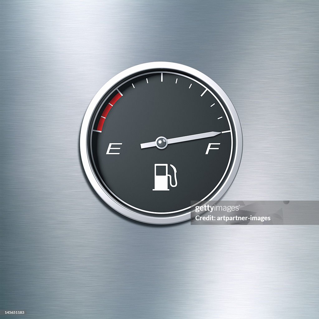 Black fuel gauge indicating a full tank