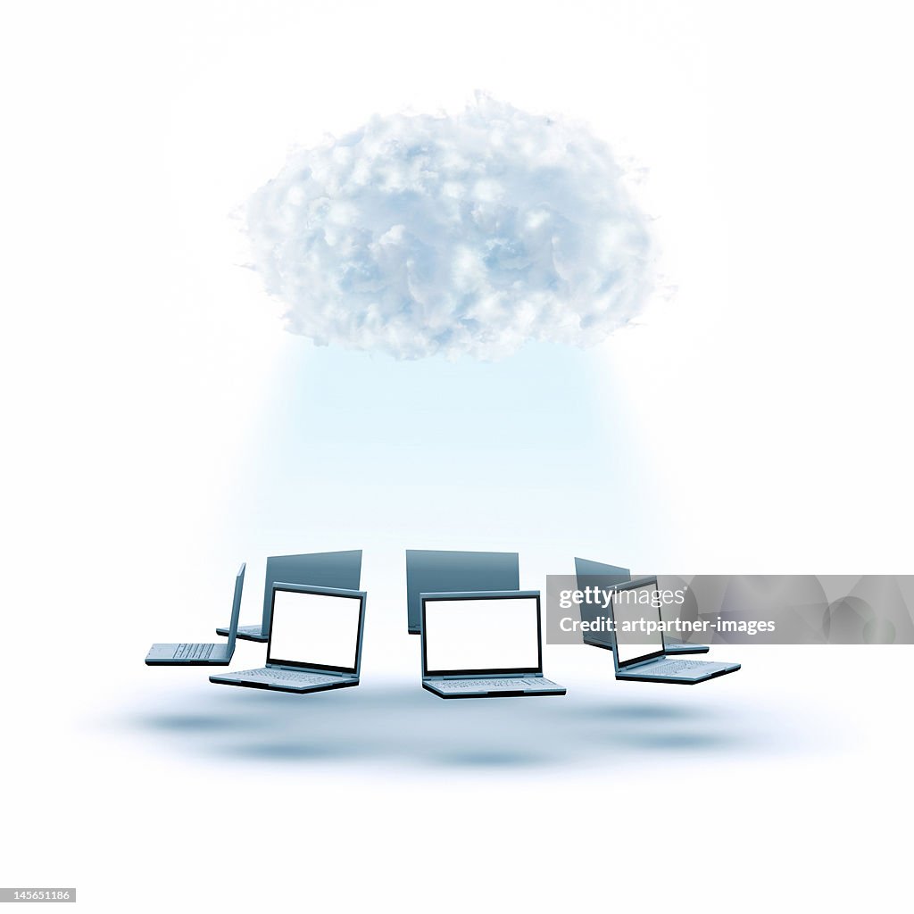 Notebook computers with cloud above them