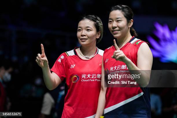 Chen Qingchen and Jia Yifan of China celebrate the victory in the Women's Double Final match against Baek Ha Na and Lee Yu Lim of Korea on day six of...