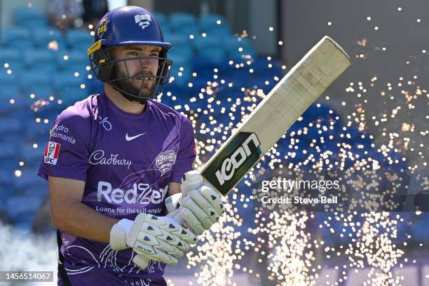 Caleb Jewell of the Hurricanes takes the field during the Men's Big Bash League match between the Hobart Hurricanes and the Sydney Thunder at...