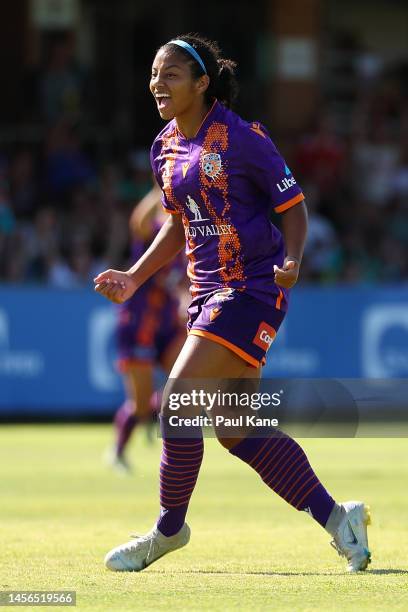 Cyera Hintzen of the Glory celebrates a goal during the round 10 A-League Women's match between Perth Glory and Wellington Phoenix at Macedonia Park,...